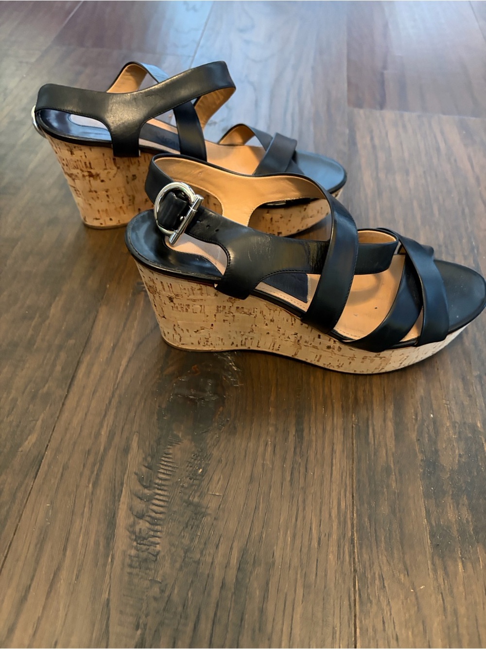 Authentic Salvatore Ferragamo Black Leather Cork Wedge Sandals